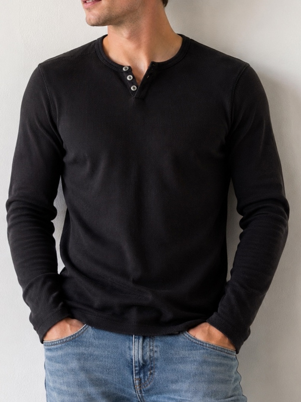 Burton London Black Ribbed Long Sleeve Henley Shirt Men’s Medium